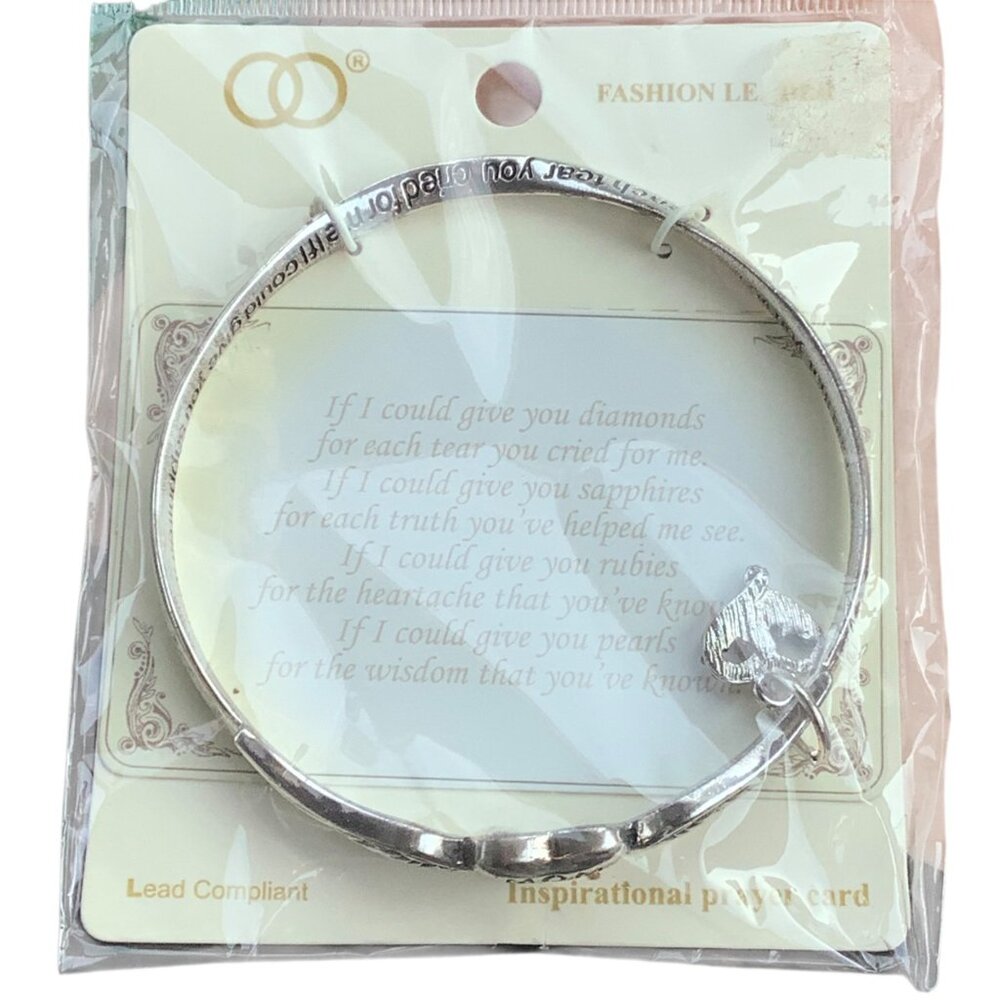 Mom Inspirational Silver-Tone Twist Bangle Bracelet Heart Charm NEW Prayer Card